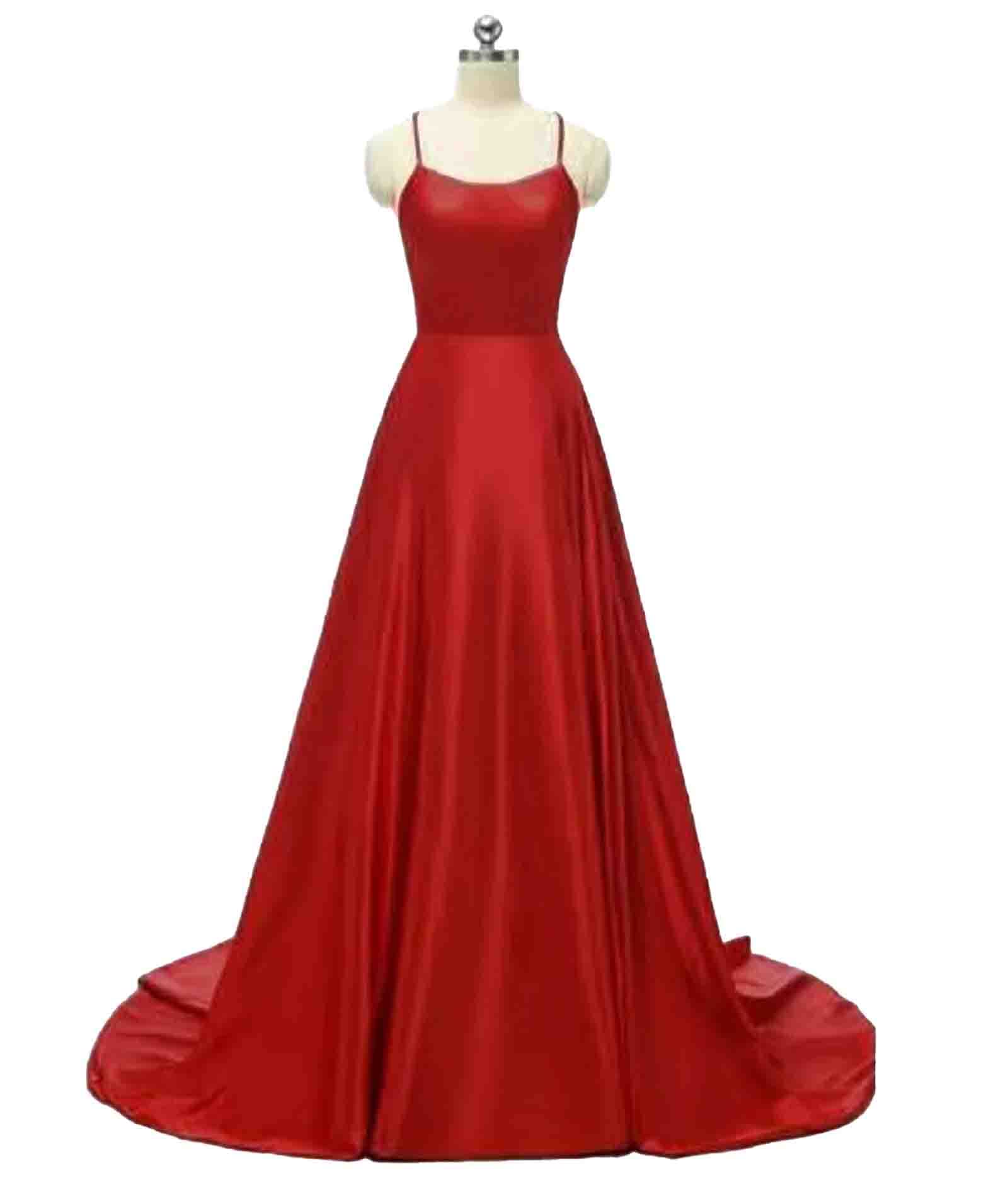 Rochie de seara, eleganta, lunga, cu buzunare, din satin, linie A, fara spate, cu bretele spaghete, rosu, M - imagine 3