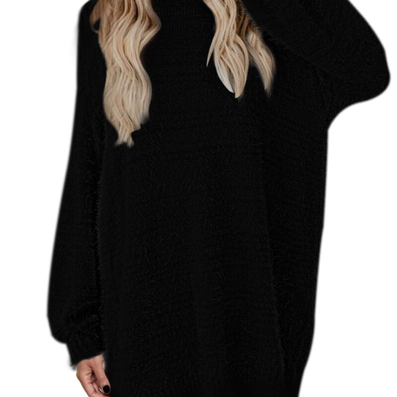 Rochie mini tip pulover, pentru femei, maneci bufante supradimensionate, tricotata, pufoasa, negru, XL