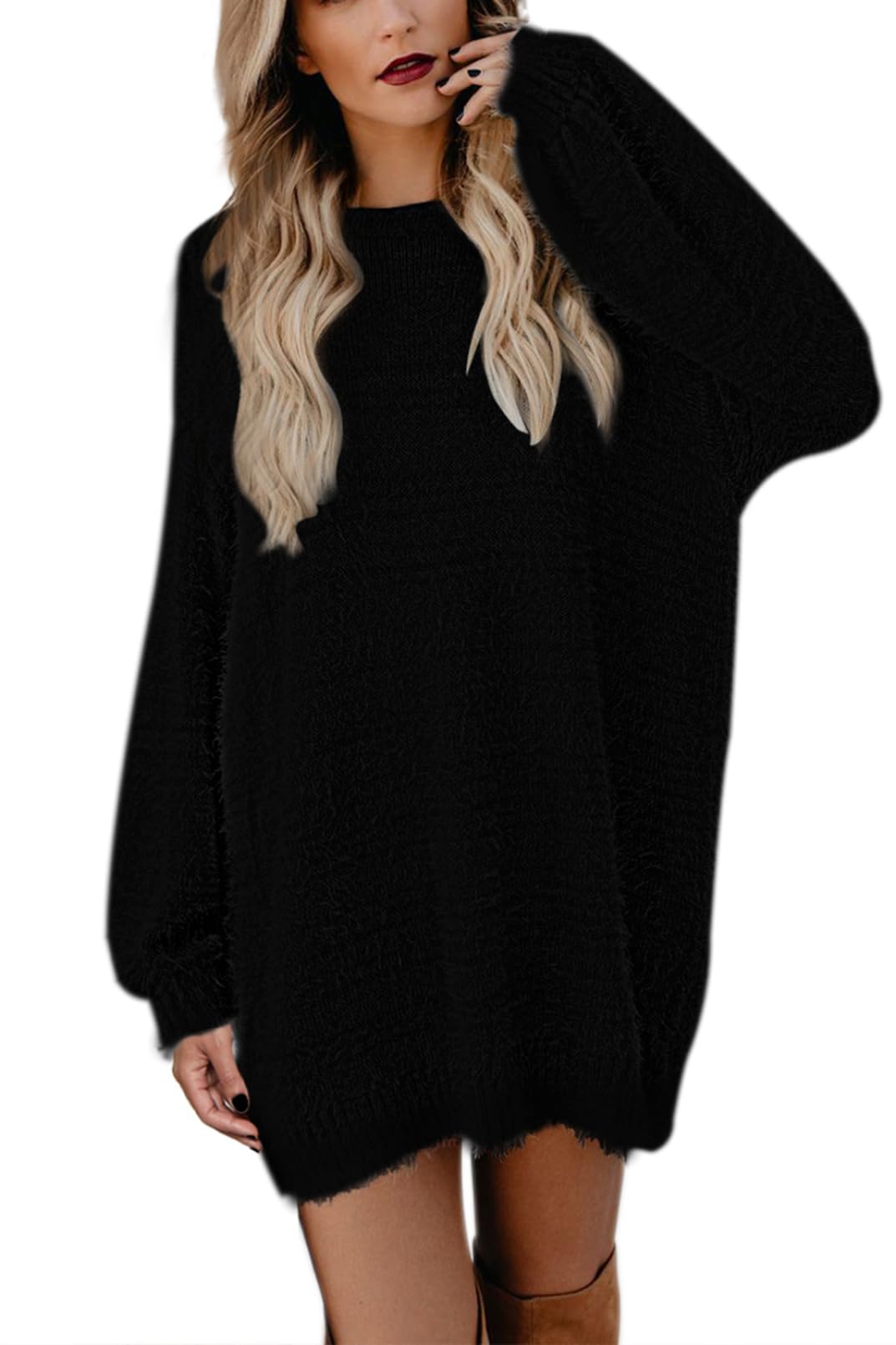 Rochie mini tip pulover, pentru femei, maneci bufante supradimensionate, tricotata, pufoasa, negru, XL