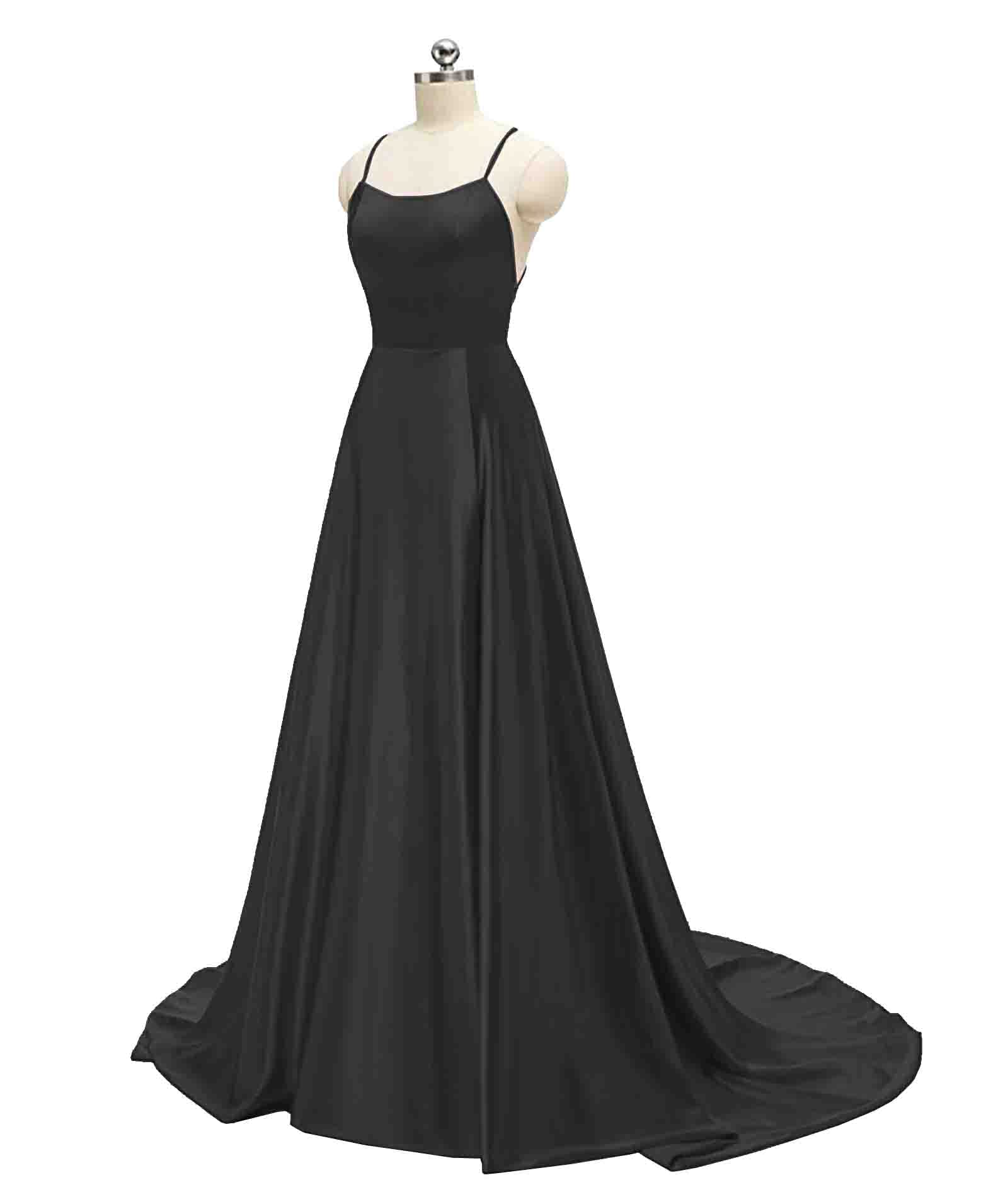 Rochie de bal lunga, eleganta, cu buzunare, din satin, linie A, bretele spaghete, negru, S - imagine 4
