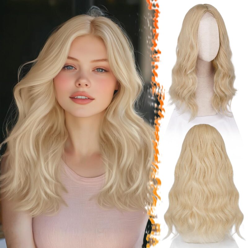 Peruca ondulata, sintetica, rezistenta la caldura, pentru femei, blond deschis, 45cm
