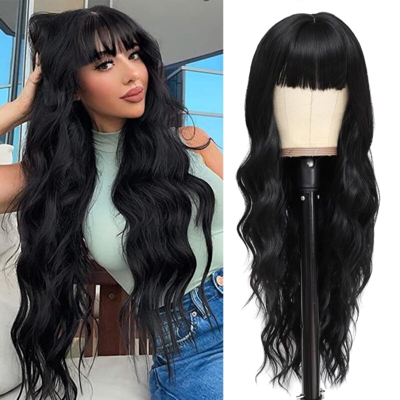 Peruca lunga, ondulata, neagra, cu breton, 66 cm, par sintetic, aspect natural