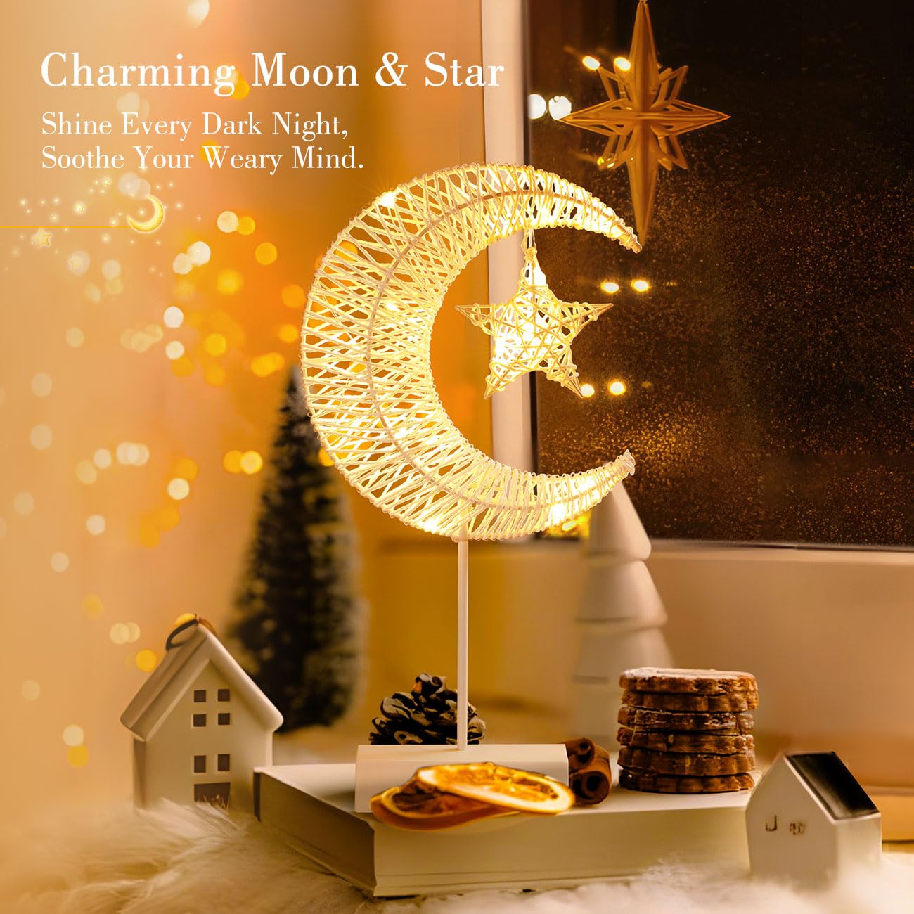 Lampa de masa, LED, decorativa, cu baterii, luna si stea, alb - imagine 3