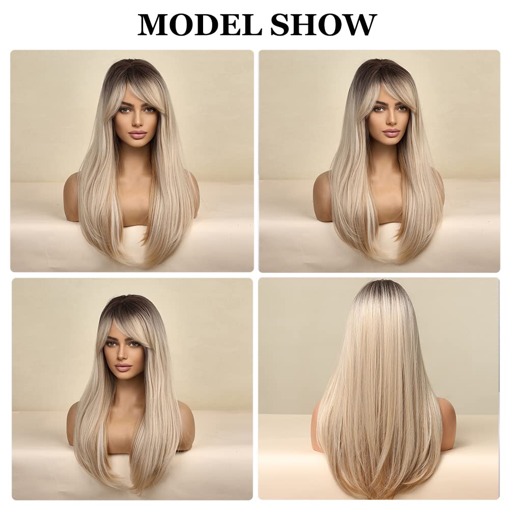 Peruca blonda, lunga, dreapta, 60 cm, cu breton, carare laterala, par sintetic, ombre - imagine 5