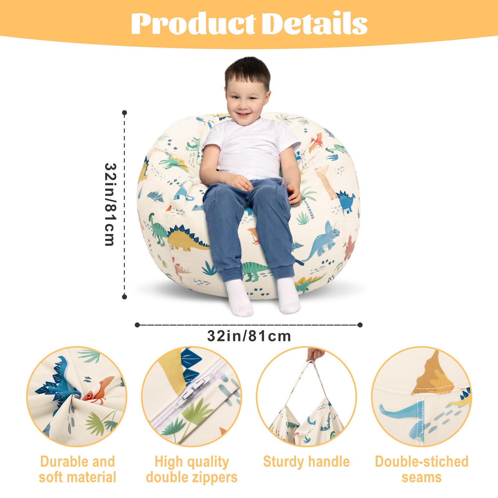 Husa pentru fotoliu tip bean bag, pentru copii, pentru depozitarea animalelor de plus, bej, printuri cu dinozauri - imagine 4