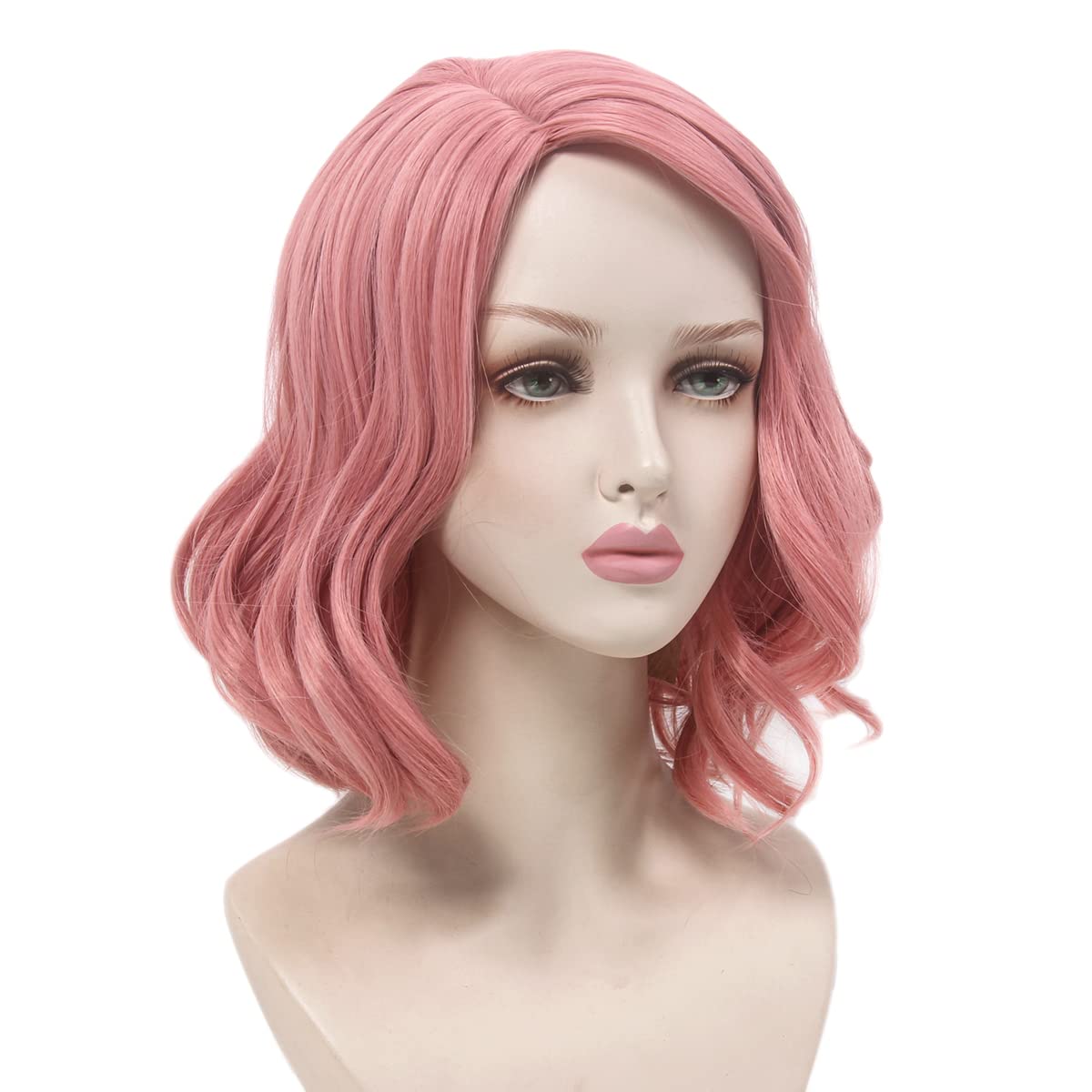 Peruca scurta, ondulata, pentru femei, sintetica, carare laterala, roz, 35cm - imagine 4