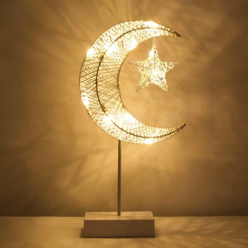 Lampa de masa, LED, decorativa, cu baterii, luna si stea, alb