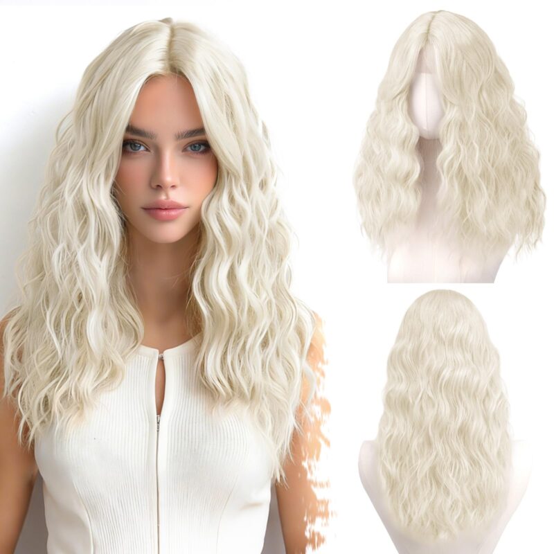 Peruca sintetica, ondulata, 50 cm, cu breton, blond platinat