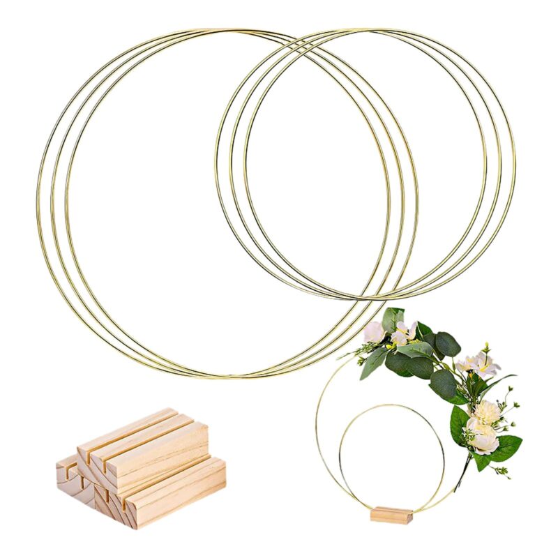 Inele pentru decoratiuni DIY, 6 buc., metalice, cu 3 suporturi din lemn, 30 cm si 20 cm