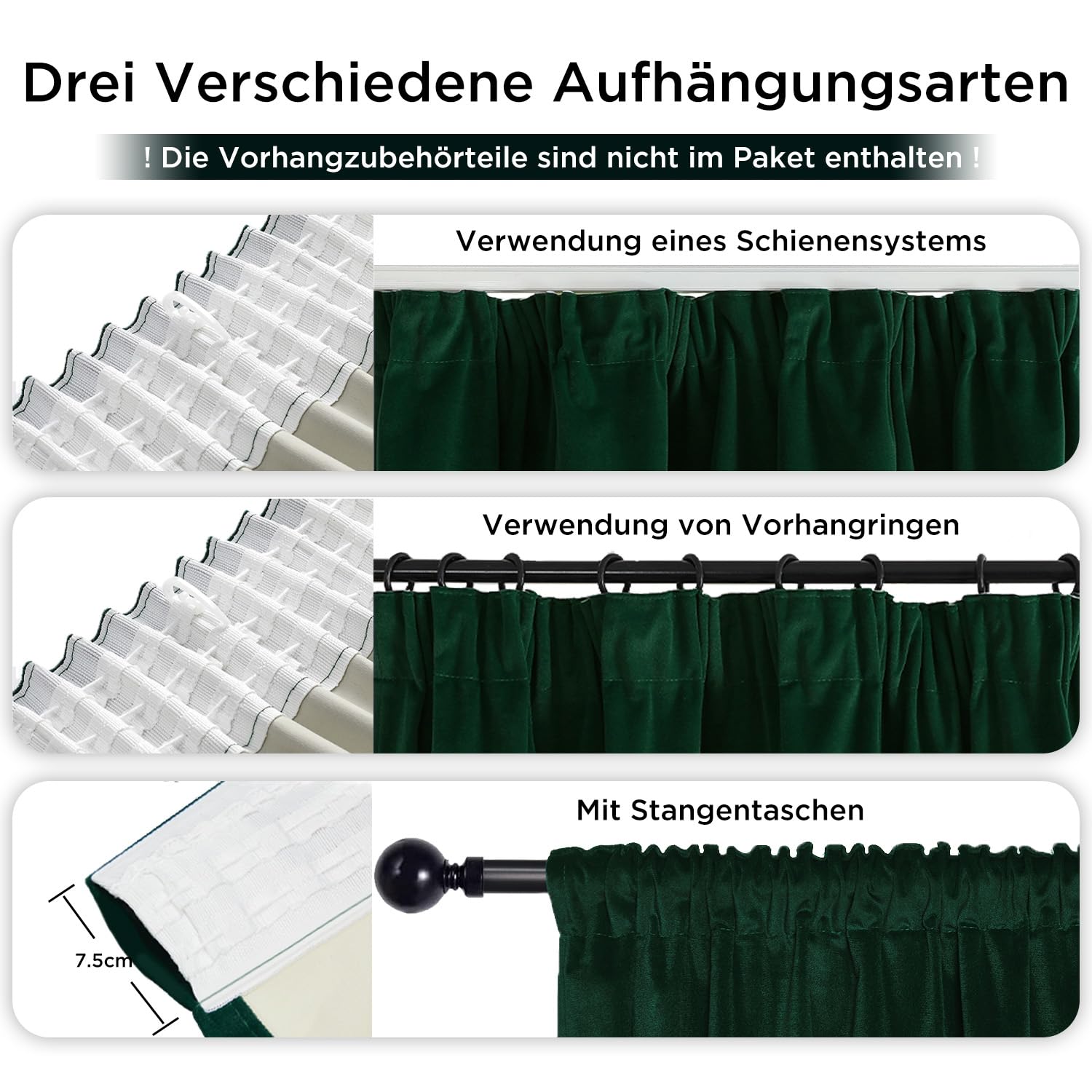 Draperii 100% opace, din catifea, cu rejansa, set de 2, 245 x 132, verde inchis, termo-protectiva - imagine 2